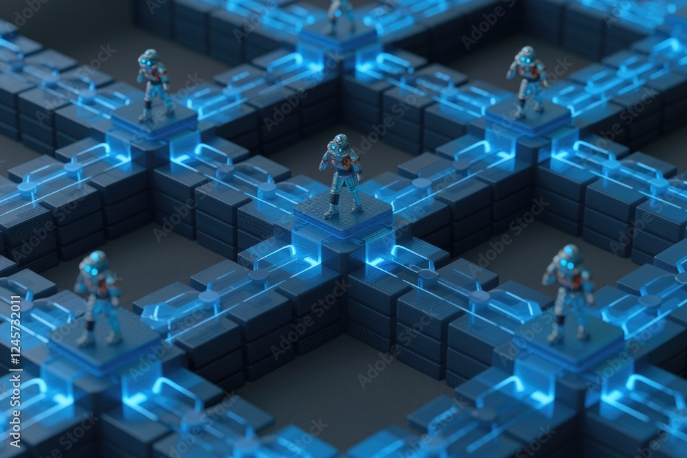 Poster A central robotic figure stands at the intersection of a glowing blue network, surrounded by other robots.