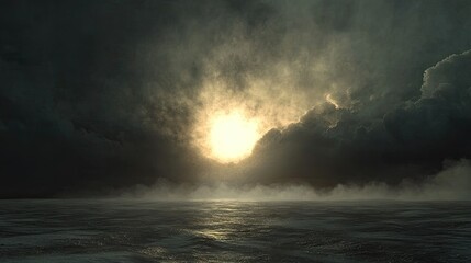 A dramatic seascape featuring dark, ominous storm clouds filling the sky,