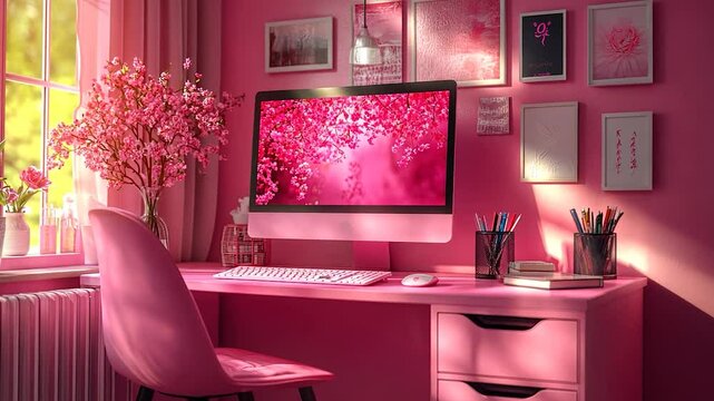 Pink cherry blossom home office workspace with computer