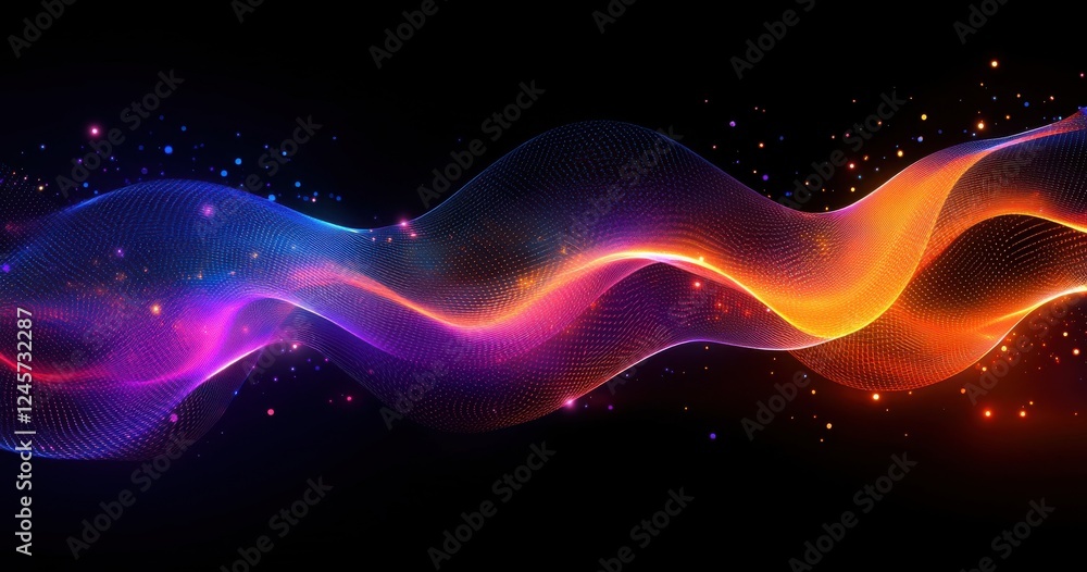 Poster colorful abstract wave pattern with glowing particles and luminous effects on a dark background for 