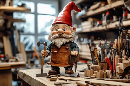 Whimsical garden gnome stands proudly in a cozy workshop surrounded by woodworking tools and materials