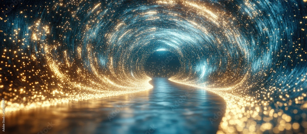 Poster Illuminated tunnel of stardust in vibrant blue and gold hues with sparkling elements creating a mesmerizing pathway leading to a bright exit.