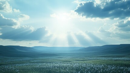A serene blue sky with soft, white clouds and radiant sunlight streaming from behind the clouds,