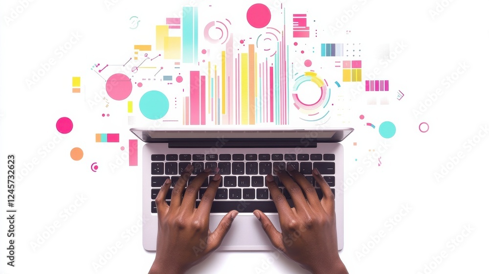 Poster hands typing on laptop with colorful data visualization elements