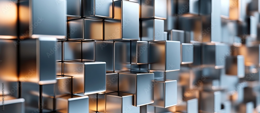 Poster dynamic abstract background featuring reflective silver and blue geometric cubes in various position