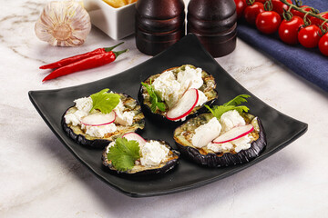Grilled eggplant with cheese and radish