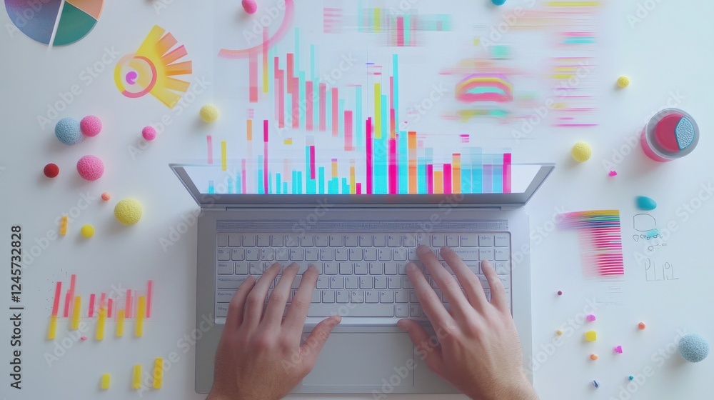 Poster modern workspace with colorful data visualization and laptop setup