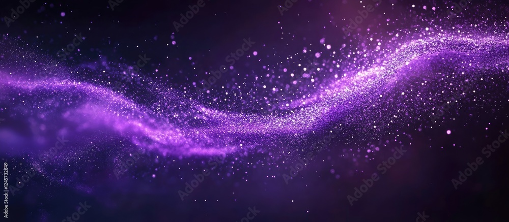 Poster cosmic purple fluid background featuring sparkling glitter swirling in a wave pattern on a dark back