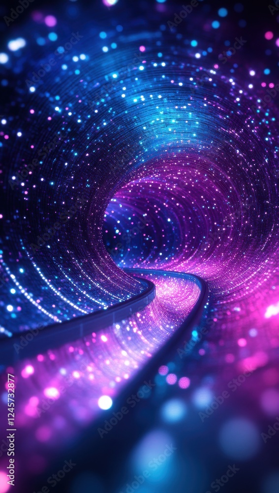 Poster colorful light tunnel with abstract glittering particles demonstrating deep space exploration in vib