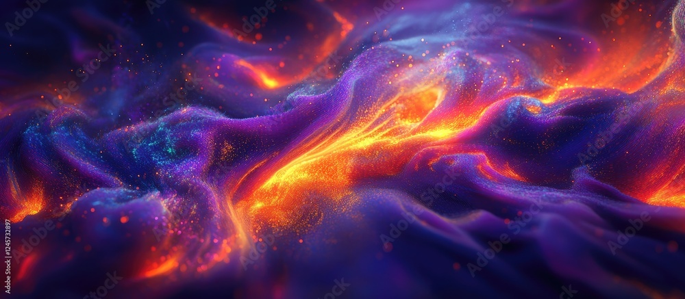 Poster vibrant abstract background showcasing a dynamic flow of glowing digital particles in shades of purp