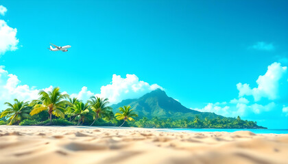 a tropical island with turquoise ocean and a white airplane above