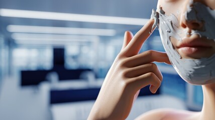 Woman applying a grey face mask, skincare routine in a modern setting.