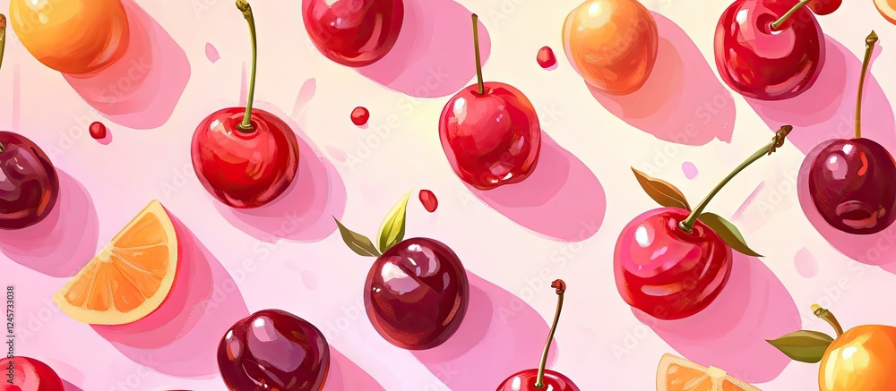 Poster vibrant cherries in varying shades of red and purple scattered on a soft pink background with subtle
