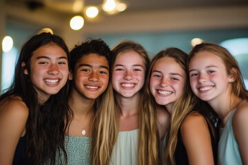 Fototapeta premium Friends smiling together indoors in a bright setting during a joyful gathering at a celebration