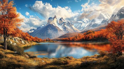 A panoramic view of a serene landscape featuring a calm river reflecting vibrant autumn foliage and majestic snow-capped mountains