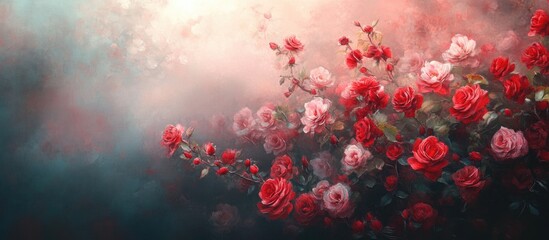 Vibrant red and pink roses create a soft blurred background with shades of green and blue, fostering a fresh and natural atmosphere.