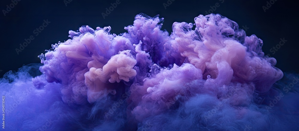 Poster vivid purple and lavender smoke billowing in a three-dimensional abstract form against a dark backgr