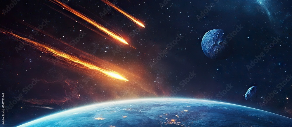 Poster cosmic collision with earth featuring vibrant orange asteroid trails against a deep blue space backd