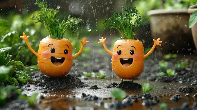 Happy carrots in a garden rain shower