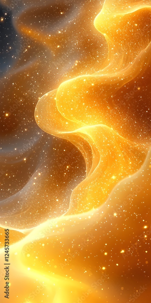 Poster an abstract swirl of golden hues with shimmering particles creating a captivating cosmic atmosphere,