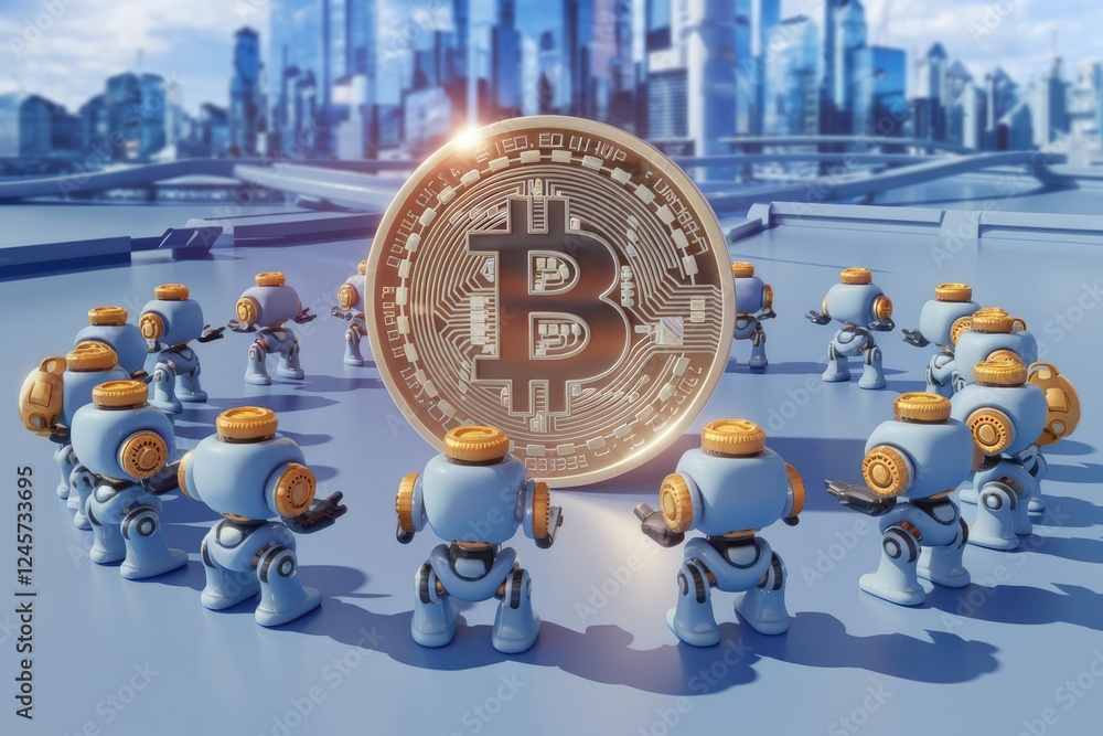 Poster robots encircle a giant bitcoin, symbolizing cryptocurrency's automated future in a futuristic citys