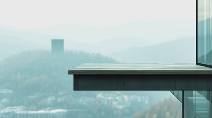 a modern building's balcony with a misty view of a distant city. The sleek lines of the building contrast with the soft, blurry landscape in the background