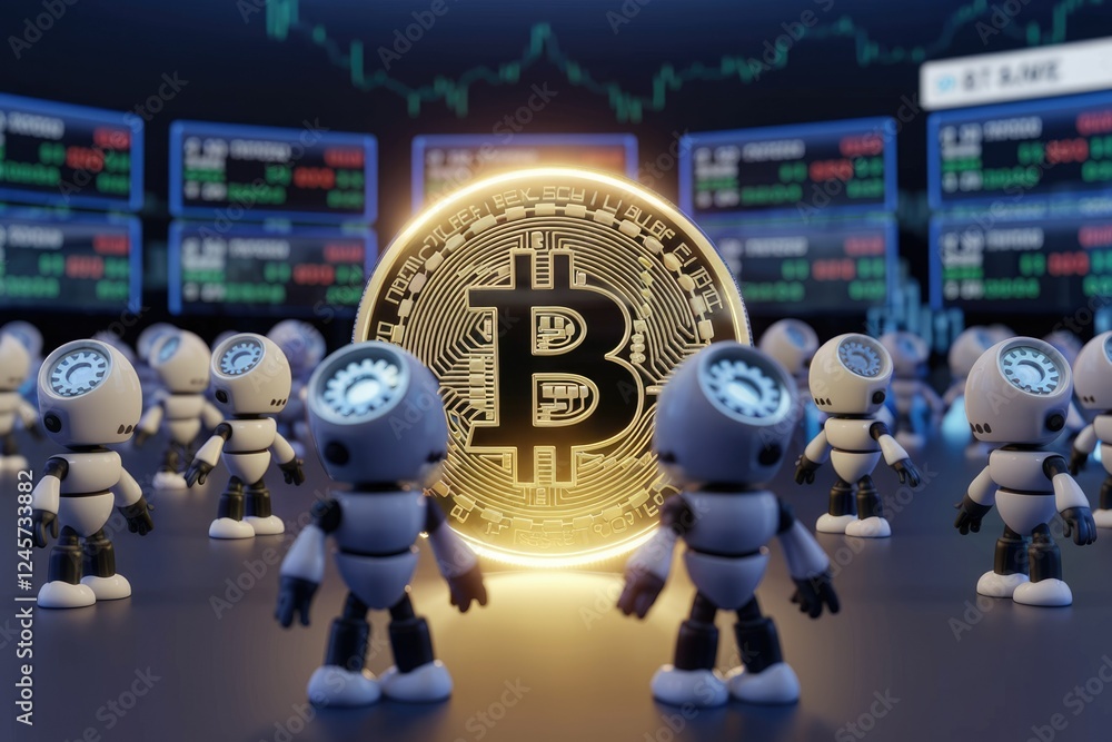Poster Robots monitoring a glowing Bitcoin amidst cryptocurrency market data on screens.