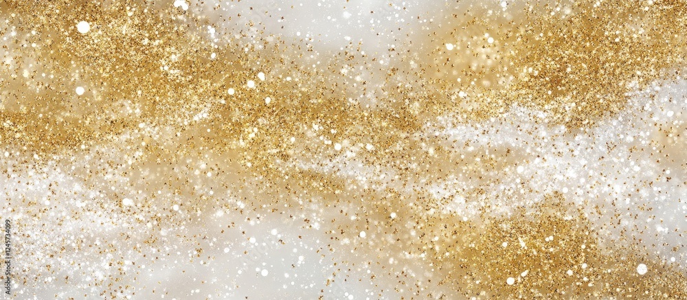 Poster golden glittering background with white and light gold tones, featuring random sparkle patterns and 