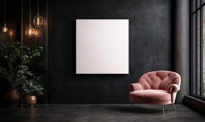 Minimalist Interior Design Featuring Pink Armchair and Canvas on Black Wall with Soft Lighting