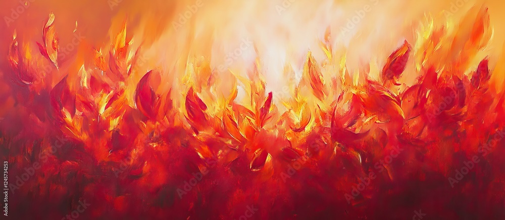 Poster vibrant abstract landscape featuring orange and red flames with hints of yellow and soft brush strok