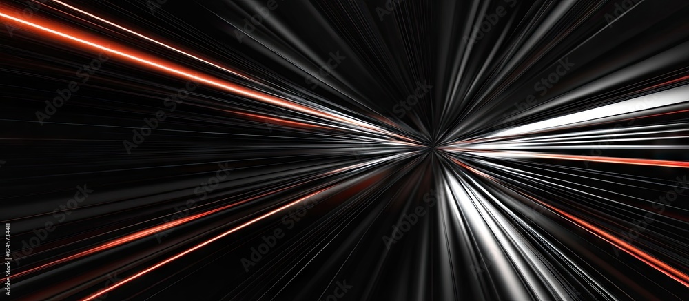 Poster futuristic abstract image with vibrant white and orange lines radiating from a central point against