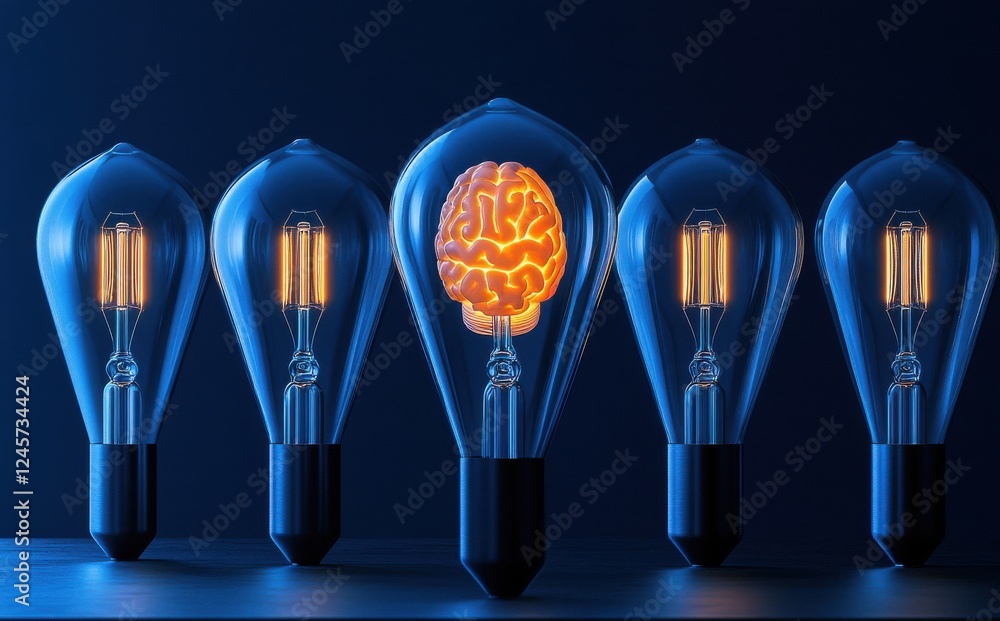 Poster creative concept representing innovation and intelligence with lightbulbs and brain in a dark settin