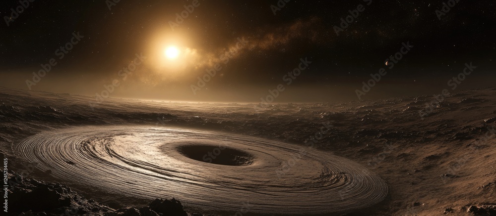 Poster celestial landscape showcasing a large ringed structure in the foreground with a glowing sun in the 