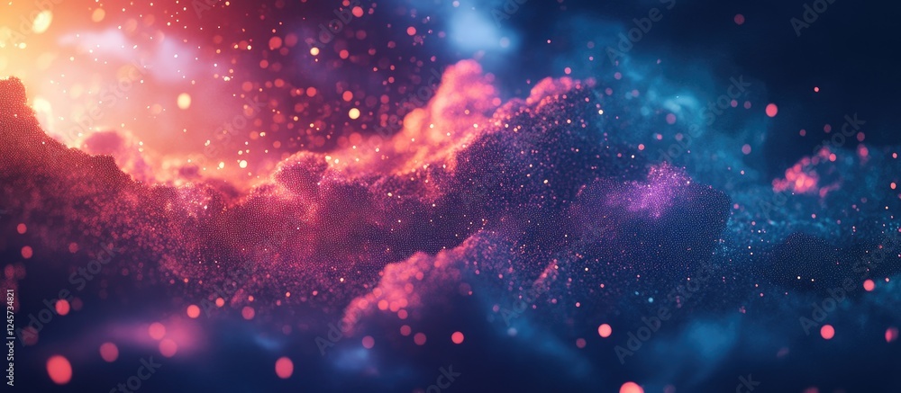 Poster abstract digital background featuring vibrant pink and blue clouds with a glowing orange light on th
