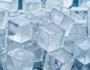 Obraz premium Many natural crystal clear small ice cubes as background, fresh and cool vibe, light background, close up, top down view, flatlay 