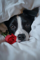 A black and white puppy hiding under the bed with a single rose in its mouth.  Valentine's Day theme. Romantic pet wallpaper