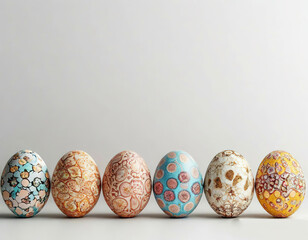 Easter eggs in pastel delicate colors with creative pattern on white background.