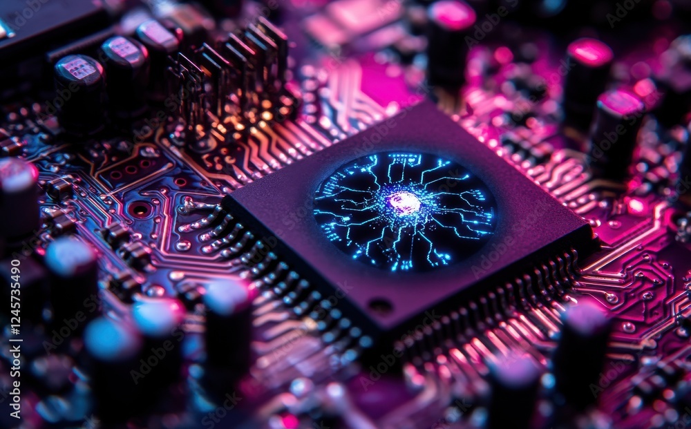 Poster detailed close-up of a microprocessor with colorful circuit patterns and vibrant light effects in a 