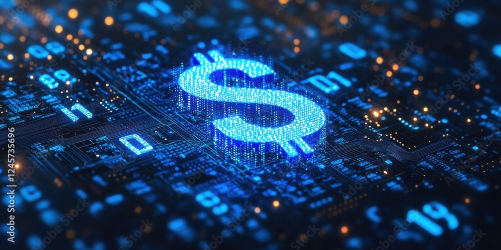Poster digital currency concept with neon dollar symbol on a cyber background representing financial techno