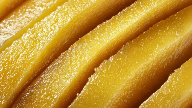 Fresh mango slices arranged neatly on a wooden surface captured in natural light