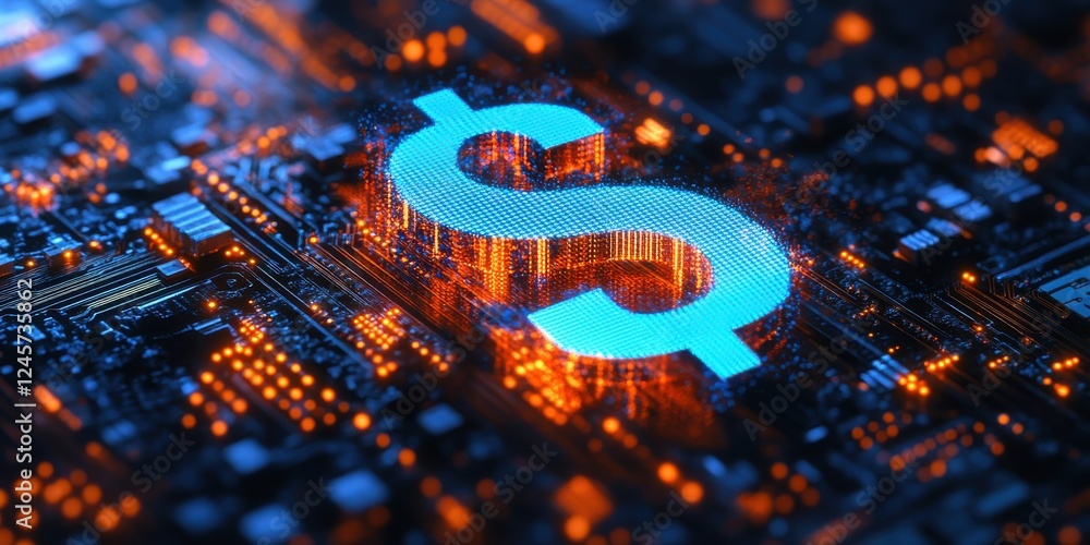 Poster digital currency symbol on circuit board background representing financial technology and electronic