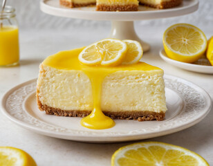 Fresh baked homemade lemon cheesecake with lemon curd and lemon slices