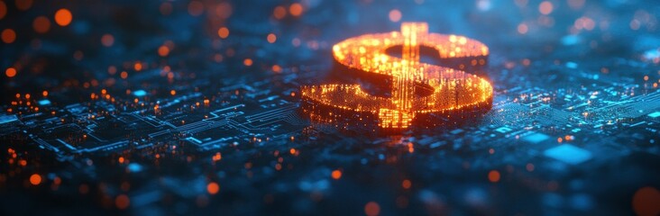 Obraz premium Digital Dollar Sign on Circuit Board with Glowing Particles Representing Technology and Finance in a High-Tech Environment