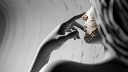 Sculptural hand applying creamy substance to a face, creating an artistic contrast of textures and tones.