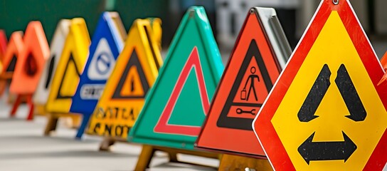 A row of colorful triangular and diamond-shaped traffic and construction warning signs.