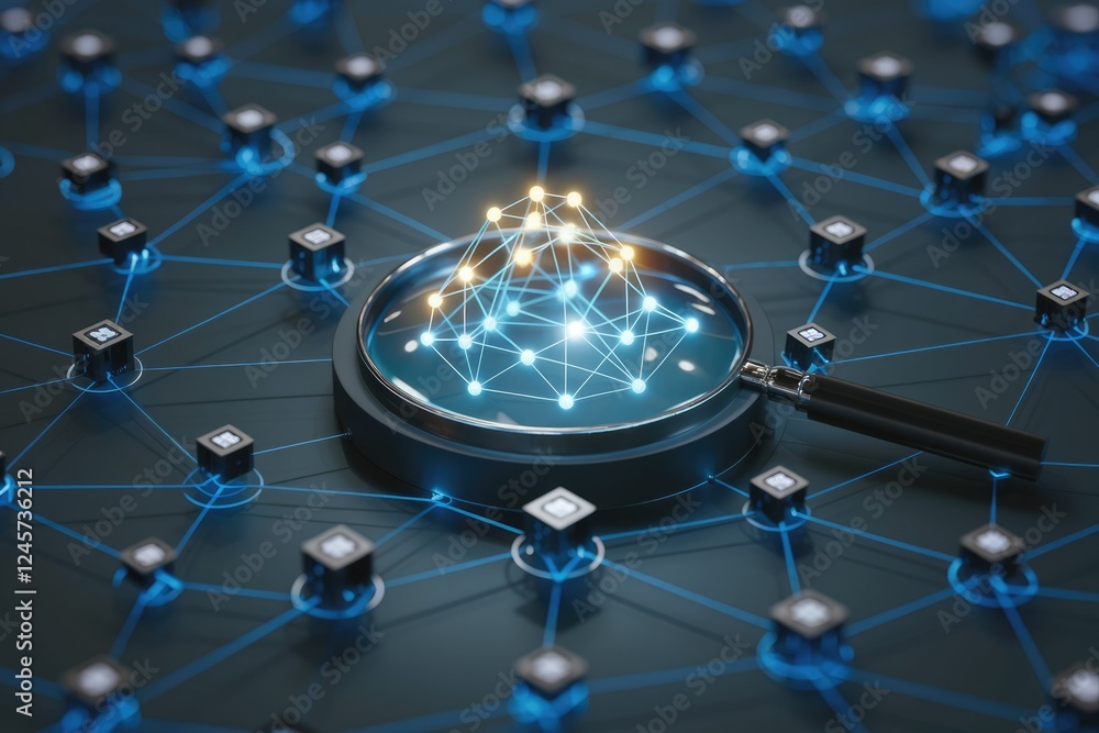 Poster A magnifying glass focuses on a glowing network node, symbolizing data analysis and interconnectedness within a complex system.