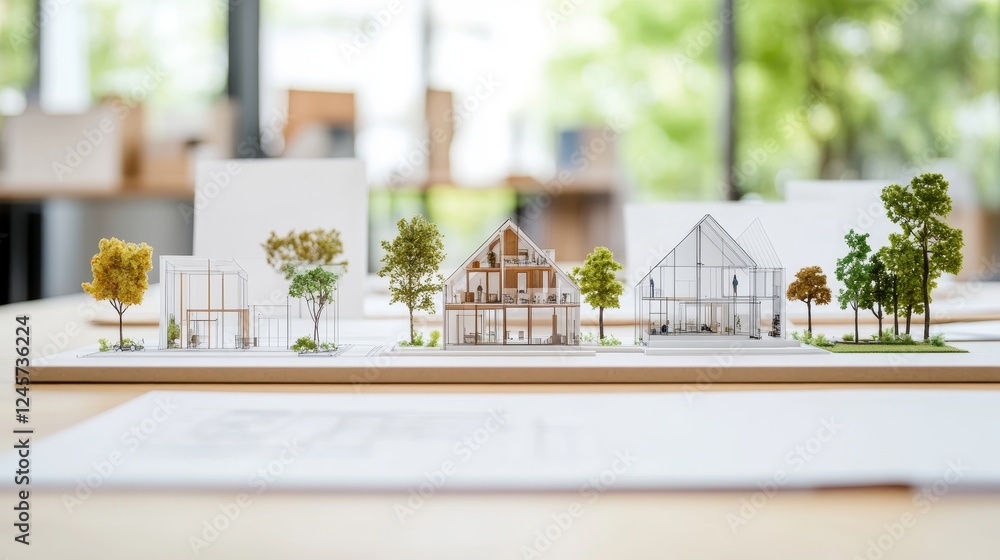 Poster creative workspace with miniature models of architecture