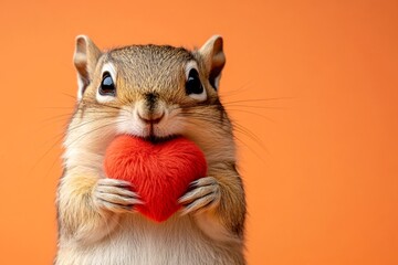 Promotion visual idea. Marketing visual idea. Chipmunk - my treasured animal. Cute chipmunk baby with fluffy red heart - sign of love, funny greeting card. Cute animal hearts. Zoo love themes.
