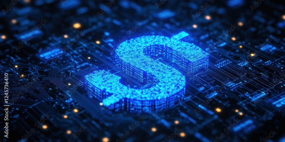Poster digital dollar symbol glowing in blue light on circuit board background representing modern finance 