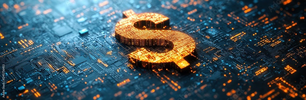 Aufkleber digital dollar symbol illuminated on high-tech circuit board with glowing elements for financial inn